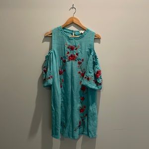 UMGEE Teal Floral Embroidered Cold Shoulder Dress